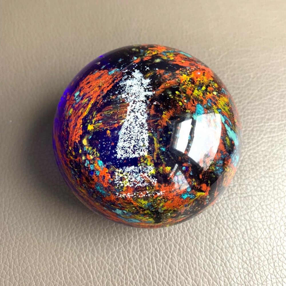 Cobalt Blue/Vibrant Multicolor Glass Art Paperweight 3" Vintage Decor